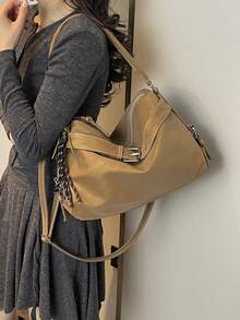 新款复古休闲大容量斜挎包，纯色简约单肩包，通勤手提包 - 卡其色 - 查看 2