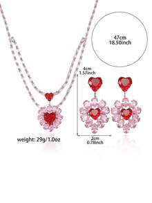 2pcs/Set Rhinestone Heart Pendant Necklace & Earrings Set, Double Layer Choker Necklace + Earrings, Luxury Jewelry For Date & Confession - Multicolor - View 3