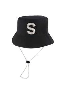 1顶珍珠A-Z字母遮阳帽，男女童通用，宽檐户外防晒帽，带下巴系带 - 黑色 - 查看 7