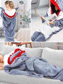 Cartoon Shark Sleeping Bag, Shark Hooded Blanket, New Cartoon Animal Cute Funny Sleeping Bag, Animal Pajamas, Flannel Sleepwear, Modern Style, Soft Polyester Fabric, Loungewear, Home Decor, Towel Theme, Knitted Fabric, 250g/㎡ - Multicolor - View 2
