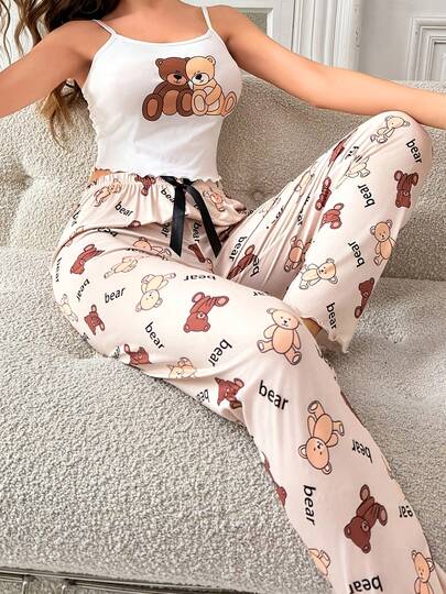 2pcs/Set Women Cartoon Bear Print Camisole Top And Pants Pajama Set, Sleepwear