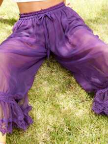 Women Long Bloomer Pants Lace Patchwork Drawstring Elastic Waist Victorian Capri Pants Lounge Pettipants - Purple - View 4