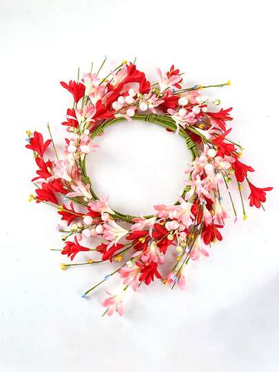 新款情人节红粉春日花环，仿真花环，人造装饰品，家居装饰品，春季花卉门挂，拍摄道具挂件，完美适用于婚礼、新娘送礼会、情人节、复活节、感恩节装饰、婚礼鲜花