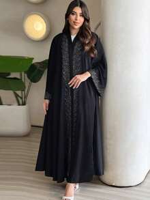 Hafizah Modest Fashion Rhinestone Embellished Black Loose Abaya Cardigan For Women - Black - View 3