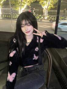 女士提花针织毛衣，V领，做旧下摆，长袖，套头衫，秋冬款 - 黑色 - 查看 6