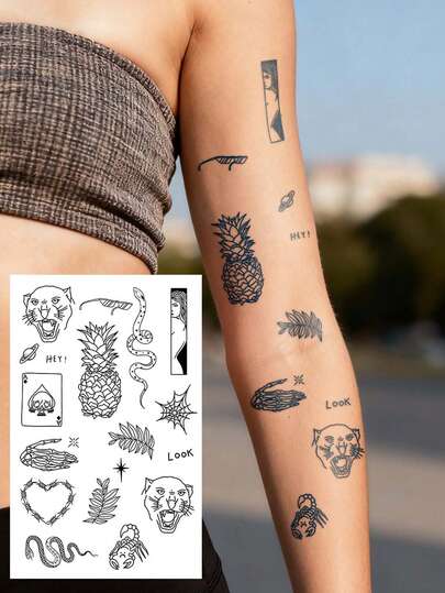CAT QUEEN ART 6pcs/1 Set Temporary Tattoo Stickers, Minimalist Personalized Abstract Patterns Including Rose, Leaf, Spider, Dinosaur, Bird, Butterfly, Suitable For DIY Carnival, Valentine's Day, Party Gifts, Can Be Applied On Wrist, Ankle, Shoulder, Neck, Collarbone, Lasting 1-2 Weeks, Waterproof, Realistic Tattoo Stickers.