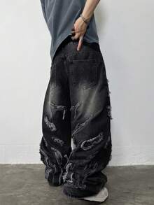 1pc Men's Street Casual Loose Fit Jeans, Patchwork Embroidery Distressed Wash Wide Leg Pants (Belt And Accessories Not Included) - Black - View 1