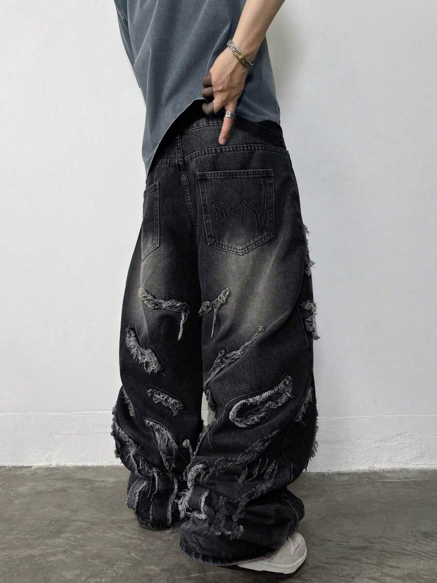 1pc Men's Street Casual Loose Fit Jeans, Patchwork Embroidery Distressed Wash Wide Leg Pants (Belt And Accessories Not Included) - Black - View 1
