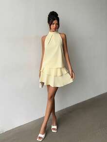 女士浅黄色无袖衬衫，立领蘑菇扣设计，百搭、优雅、时尚、休闲，适合日常穿着和度假，春夏皆宜。 - 淡黃色 - 查看 6