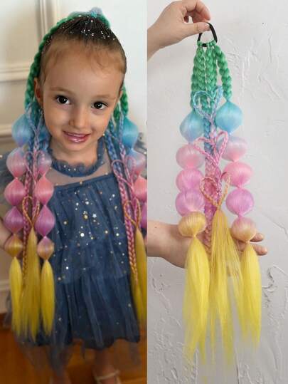 1件装儿童长款灯笼辫马尾辫，带发圈，彩色泡泡辫合成马尾辫接发
