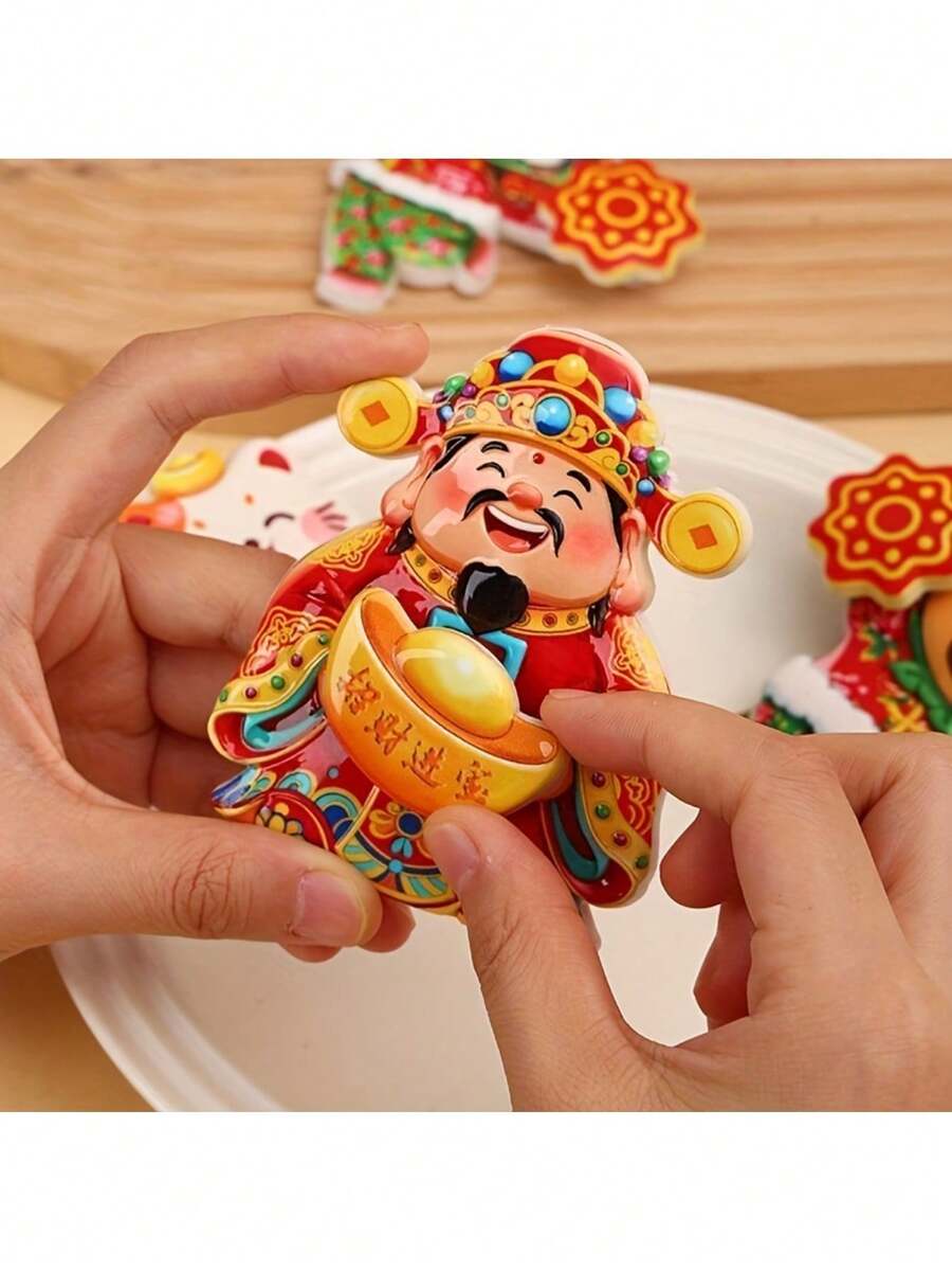 1pc Rotating Magnetic Fridge Magnet With Cartoon Cat & Fortune God Designs, Festive New Year Gift