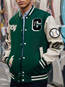 MAISONFOX Men's Color Block Letter Print Button Up Jacket,Men College Style Varsity Jacket, Vacation, Fashion, Long Sleeve Color Block Baseball Jacket - Army Green - View 7