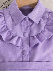 2pcs/Set Girls Ruffle Solid Color Gigot Sleeve Button Collar Short Sleeve Blouse + Casual Solid Color Shorts Ladylike Outfit - Purple - View 6