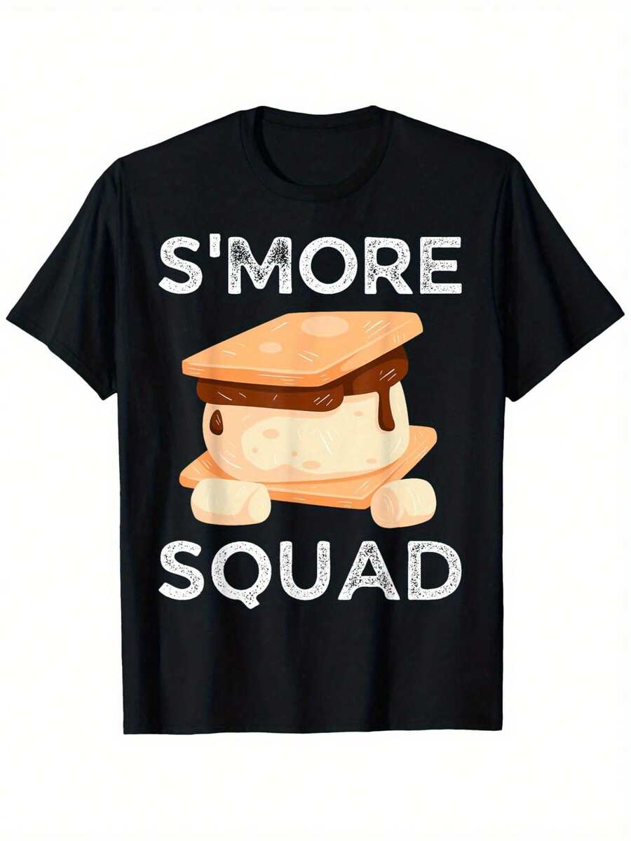 Camiseta Smore Squad Campfire Camping Outdoor Friends Smores para hombres, camiseta de moda con estampado de letras, ajuste regular - peso de tela 180g, 100% S-XXXL, cuello redondo, top casual para camping al aire libre - Negro - Ver 1