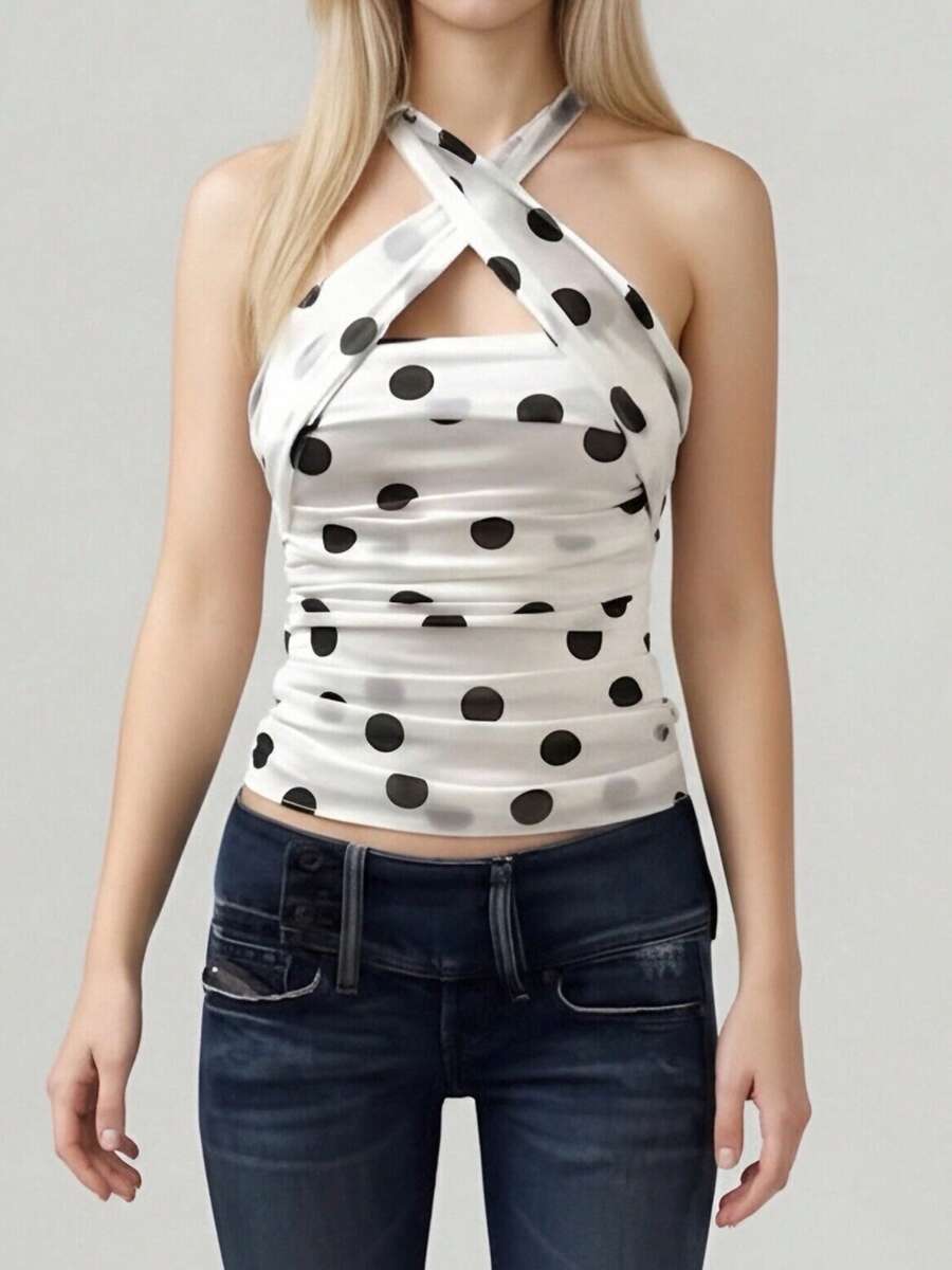 Womens Dot Halter Tank Tops Summer Fashionable Backless Slim Fit Going Out Vest - White - View 1