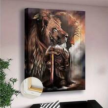 1pc Lion Of Judah & Knight Framed Canvas Wall Art – Majestic Lion With Sword And Shield, Wooden Frame, Dramatic Sky Background, Perfect For Home, Office, Bar, Or Bedroom Decor, Lion Wall Decor - Nhiều màu - Xem 4