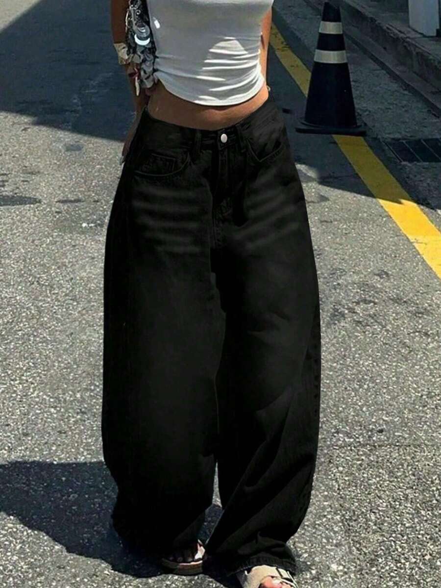 Teen Girls' Fashionable Loose Fit Pocket Flare Leg Jeans - Black - View 1