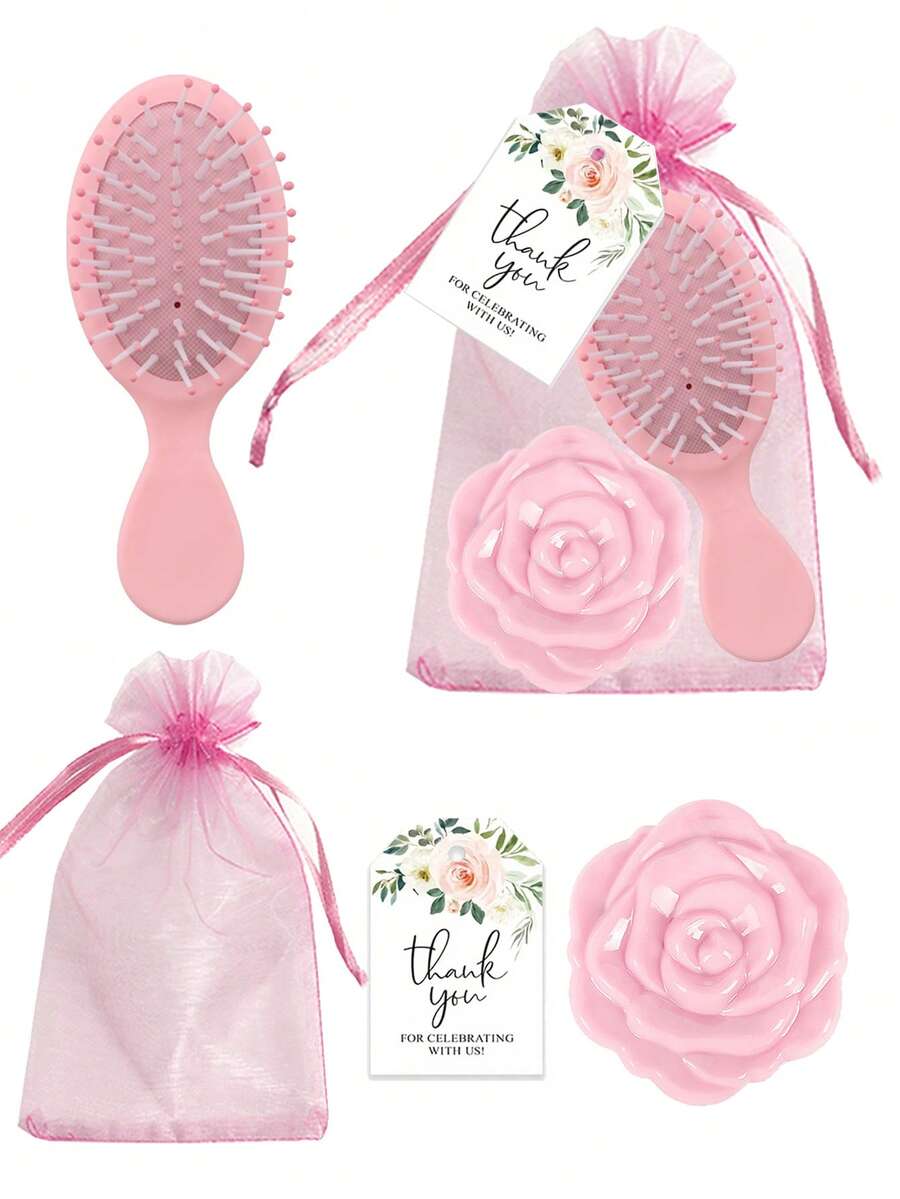 Brodark 4pcs Pink Air Cushion Mini Comb, Rose Mirror Comb, Thank You Card, Drawstring Bag Set, Suitable For Bride Wedding, Bachelorette Party, Birthday Party, Daily Gathering, Small Gift, Valentine's Day, Mother's Day - Multicolor - View 1