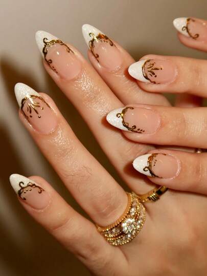 French Gold Chrome Acrylic Nails 24Pcs Medium Almond Press On Nail Tips, Y2K White Fake Nail Set With Nail Glitter Decorations Suitable For Nail Salons, Girls & Women Nail Accessories For Daily Wear, Holiday Parties & Gifts