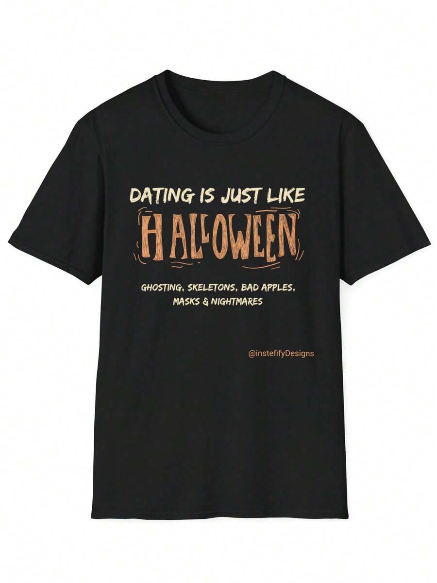 Unisex Soft Style Tee Halloween Dating Funny Black Orange Brown White Red Yellow - Black - View 1