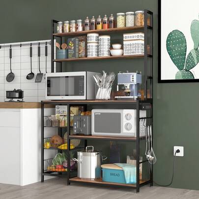 Kitchen Bakers Rack With Power Outlet,Industrial Microwave Stand,Kitchen Storage Rack With S-Shaped Hooks,Freestanding Kitchen Shelf With Basket,Kitchen Organization And Storage,Coffee Bar Station,Kitchen Furniture,Living Room Furniture