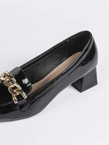 Women's Square Toe Chunky Heel Office Pumps - Black - View 7