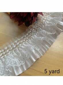 1 Yard Elastic Lace Ruffle Trim, Pleated Curtain Valance Dress Fabric, Black & White Lace Trim, Approx. 9cm Wide - White - View 12
