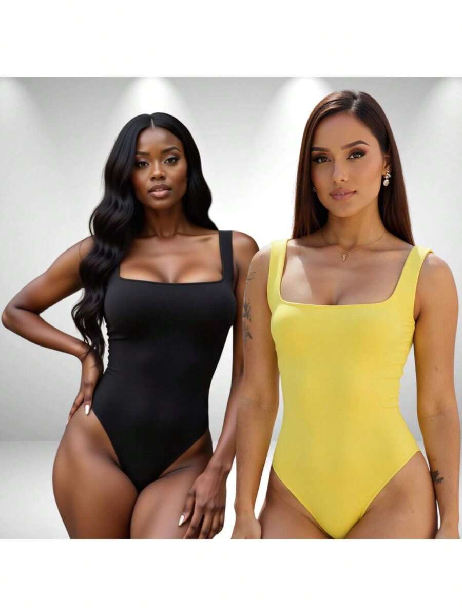 SET OF 2 Women's Square Neck Tank Top Bodysuits With Thin Straps In Spandex - BLACK aND YELLOW - View 1