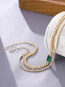 Nooxian Set de 2 piezas Pulsera multicapa con cadena dorada de serpiente con decoración de piedra de circonita cúbica verde brillante, joyería de pulsera en capas como regalo para mujeres - Amarillo Oro - Ver 5