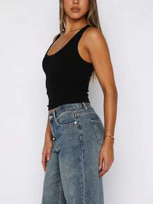 Women's Scoop Neck Sleeveless Knit Ribbed Fitted Casual Crop Tank Top - Black - View 4