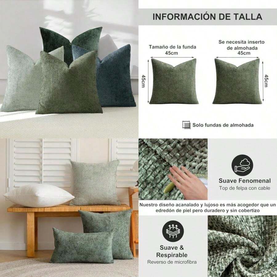 4 Fundas de Cojines Decorativos, Chenille Almohadas Decorativas para Cama, Funda para Cojines de Sala, Cojines Decorativos Sala Modernos para Sala, sofá, Sala de Estar, 45 * 45 cm (Oro Neutro)(Bosque Verde) - Unitalla - Ver 1