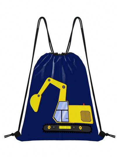 儿童挖掘机抽绳背包，时尚印花款式，耐用轻便沙滩背包，易于清洁的运动休闲抽绳包，适合男孩女孩，青少年健身、游泳、徒步、露营、旅行，小号