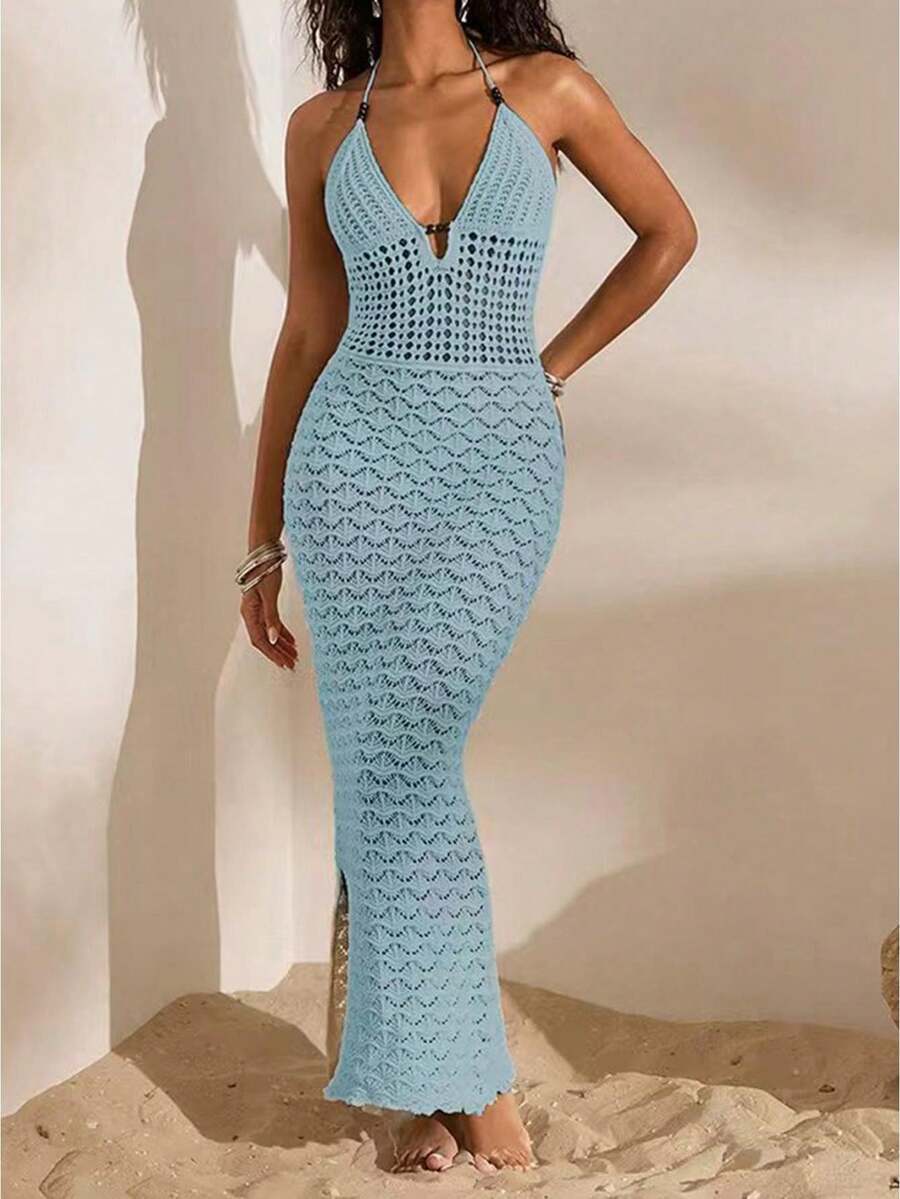 Women's Summer Dress Halter Neck Sleeveless Crochet Hollow Out Bodycon Long Dress For Beach Vacation Party Vacation Outfits Beachwear - Blue - View 1