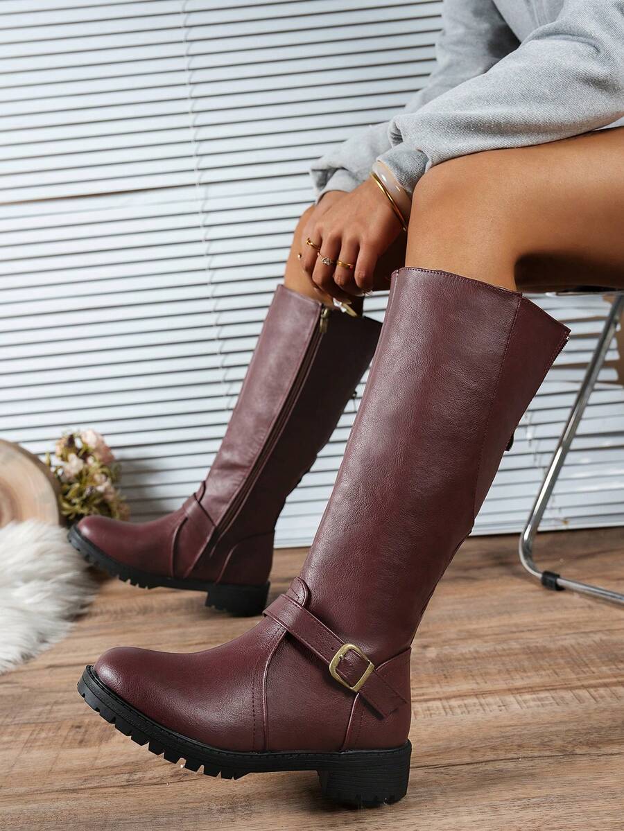 Minimalist Fashion Women's Long Boots, Anti-Slip Comfortable Versatile Square Buckle Decor British Style Plus Size Riding Boots