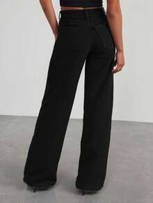 Women's High Waist Frayed Hem Wide Leg Jeans, Black Wash Denim Y2K Pants - 黑色 - 查看 3