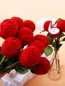 1pc Red Rose Branch Ring Jewelry Box, Valentine's Day Gift, Anniversary Proposal, Engagement, Mother's Day Artificial Rose Gift Packaging Box Jewelry Box, Girl's Surprise Gift, Girl's Gift, Song Family Gift Jewelry Box Gift Box Single Rose