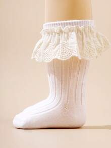 3双女童白色亚麻蕾丝边袜子，西班牙风格甜美淑女舞蹈袜，婴儿袜 - 白色 - 查看 7