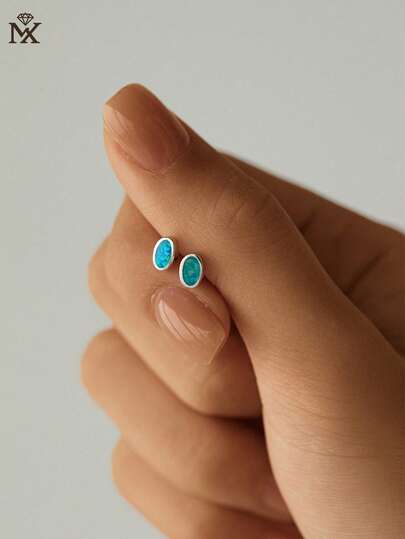 SYMFNY 1对925纯银极简椭圆形蛋白石耳钉，时尚简约，适合女性日常佩戴。