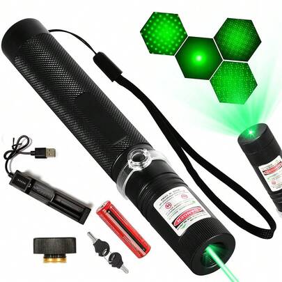1 pieza Puntero láser verde de alta potencia: Puntero láser verde recargable con tapa de estrella, batería y cargador incluidos, haz láser potente de largo alcance adecuado para demostraciones de astronomía, campamento al aire libre, juguetes para gatos, 8 patrones de cabezal láser que incluyen propuesta de amor y romance y patrones de animales de dibujos animados lindos, útiles escolares, regreso a clases