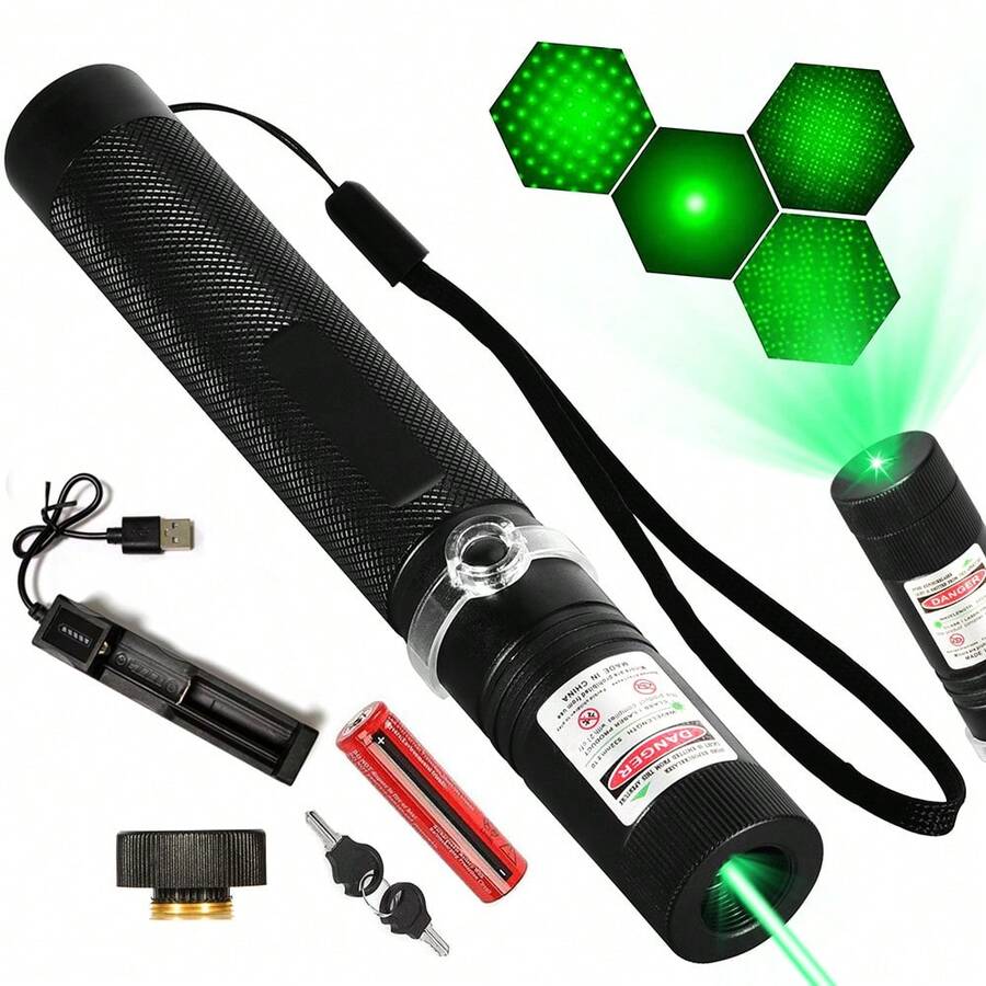 1pc Green Laser Pointer High Power Flashlight: Rechargeable Green Laser Pointer With Star Cap, Battery And Charger Included, Powerful Long-Range Laser Beam Pointer Suitable For Astronomy Demonstration, Outdoor Camping, Cat Toys, 8-In-1 Laser Head Patterns Including Love & Romance Proposal And Cute Cartoon Animal Patterns,School Supplies,Back To School - one-size - View 1