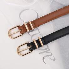 2条装女士纤细真皮腰带，适合搭配牛仔裤，精致仿皮材质，金色扣环 - 黑色+棕色 - 查看 5