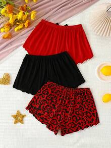 3pcs Contrast Lettuce Trim Solid And Leopard Print Bow Detail Lounge Shorts - Multicolor - View 2