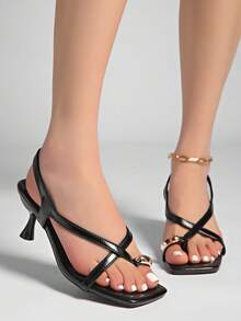 2026新款复古金属包头方头细跟凉拖鞋，中跟人字拖，罗马风格 - 黑色 - 查看 3