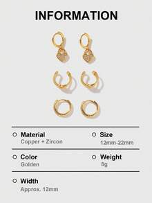 Conjunto de 6 brincos modernos em formato de coração com zircônias artificiais e banho de ouro 18K em cobre. Perfeitos para uso diário e como presente para amigas em datas comemorativas e aniversários. - Ouro amarelo - Ver 7