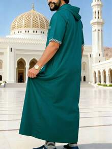 Loose Muslim Men's Robe, Short Sleeve Embroidered Hooded Zip-Up Robe, Islamic , Men's Casual Long Robe - Dark Green - View 4