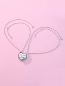 2pcs/Set Zinc Alloy Heart & Butterfly Enamel Rhinestone Magnetic Pendant Necklace Set, Suitable As Gift For Women And Friends - one-size - View 2