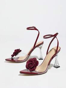 女士高跟鞋，时尚透明亚克力尖头露跟凉鞋，饰有螺旋花朵，优雅奢华的玫瑰红高跟鞋，适合派对、宴会、户外活动 - 玫瑰紅 - 查看 6