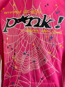 Y2k Hoodies Men's Hip Hop Spider Web Pattern,Graphic Alphabet Print Harajuku Vintage Hoodie,Long Sleeve Street Wear Top For Both Men And Women Oversized Pullover,Gothic Hooded Sweatshirt - 玫瑰紅 - 查看 4