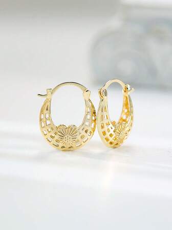 Vintage Flower Carved Golden Leaf Hoop Earrings, Elegant And Luxurious Women's Jewelry, Perfect Holiday Gift