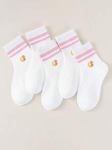 1/5 双儿童粉白卡通图案袜子，中筒竖条纹，印有可爱月亮图案，日常休闲风格 - 彩色 - 查看 2